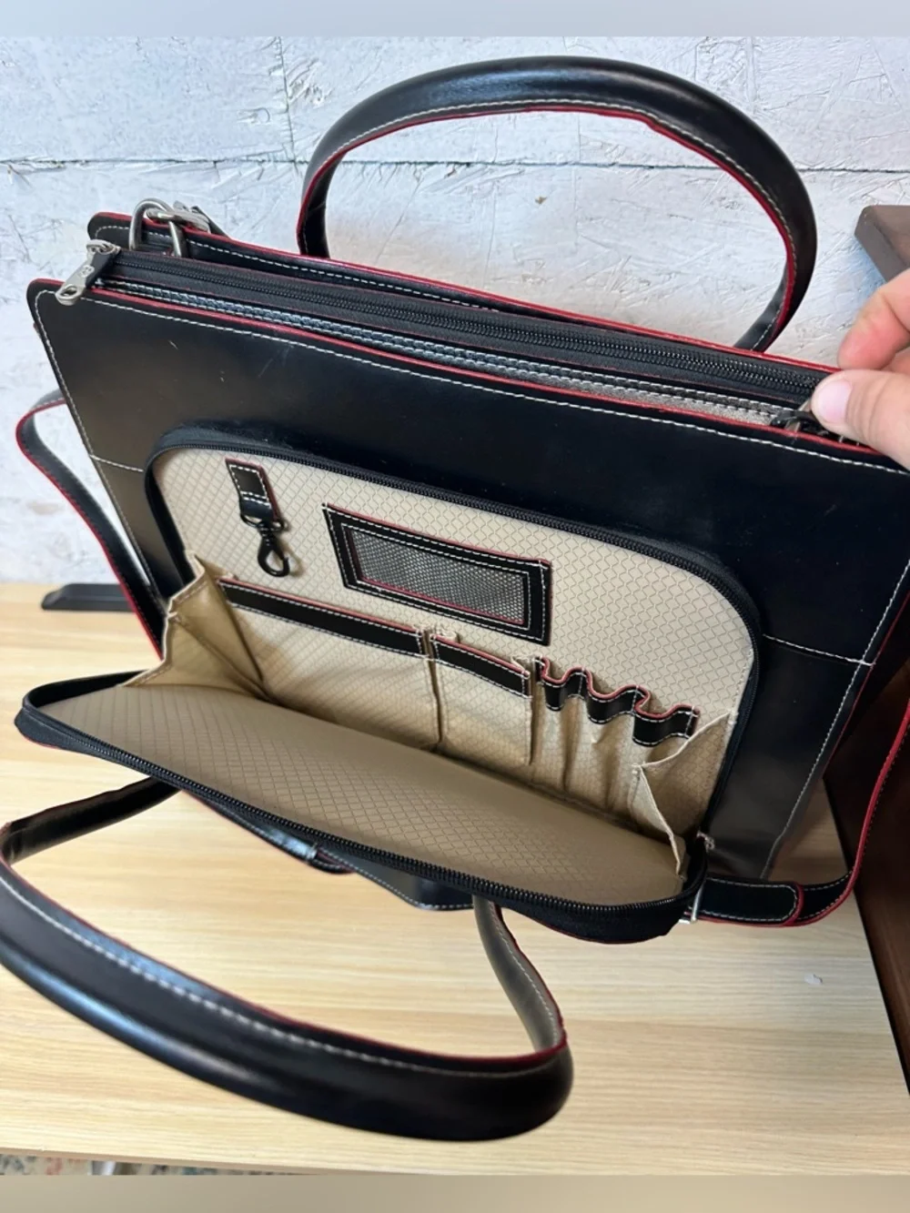 McLain Lake Forest Italian Leather womans Briefcase black and red lined.